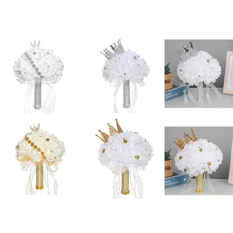Diamond Crown Decorative Handheld Flower Rhinestones Wedding Bouquet with Ribbon