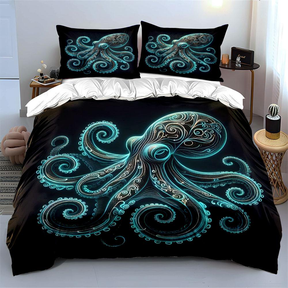 Leuchtendes, verziertes Oktopus-Design. Bedrucktes Bettwäsche-Set 1 Bettbezug 2 Kissenbezüge für Erwachsene und Kinder Luxuriöses Geschenk Vollgröße