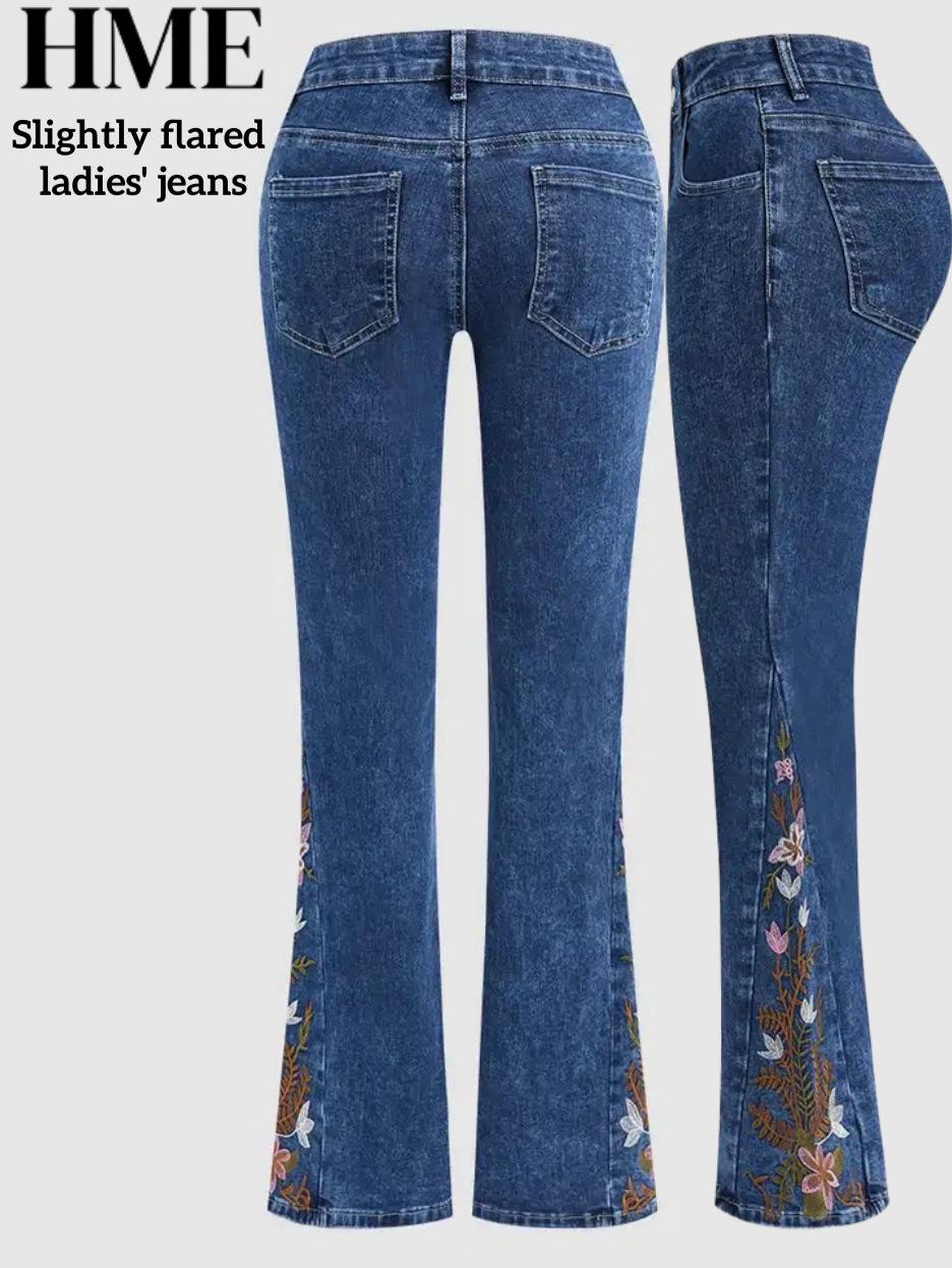 HME Women s European & American Style Embroidered Floral Bell Bottom Jeans XL джинсовый синий
