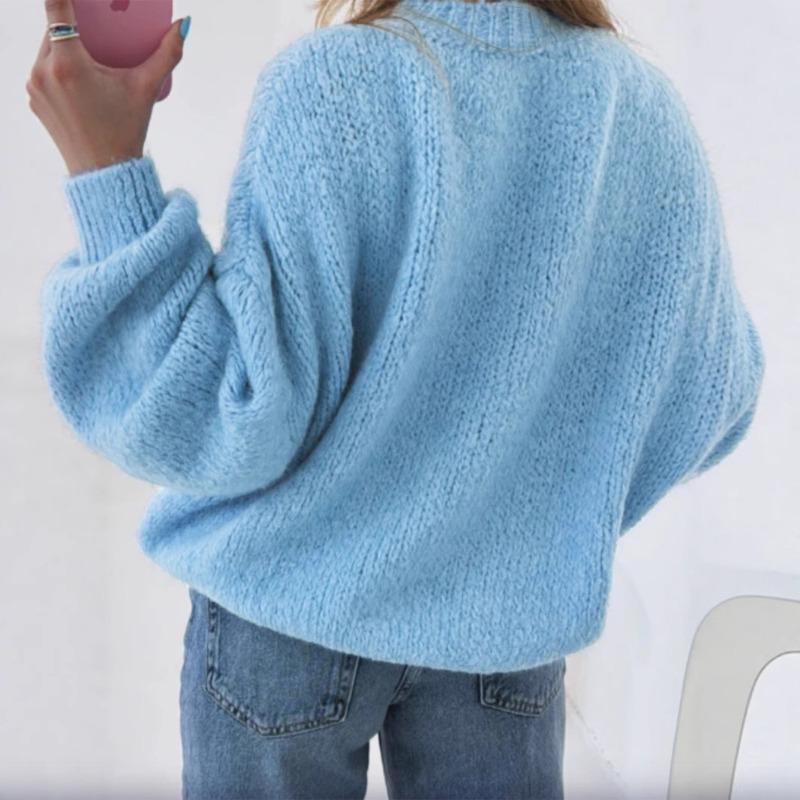 2025 Autumn and Winter Women's Loose Lantern Sleeve Sweater Round Collar Pullover Solid Color Knitted Sweater