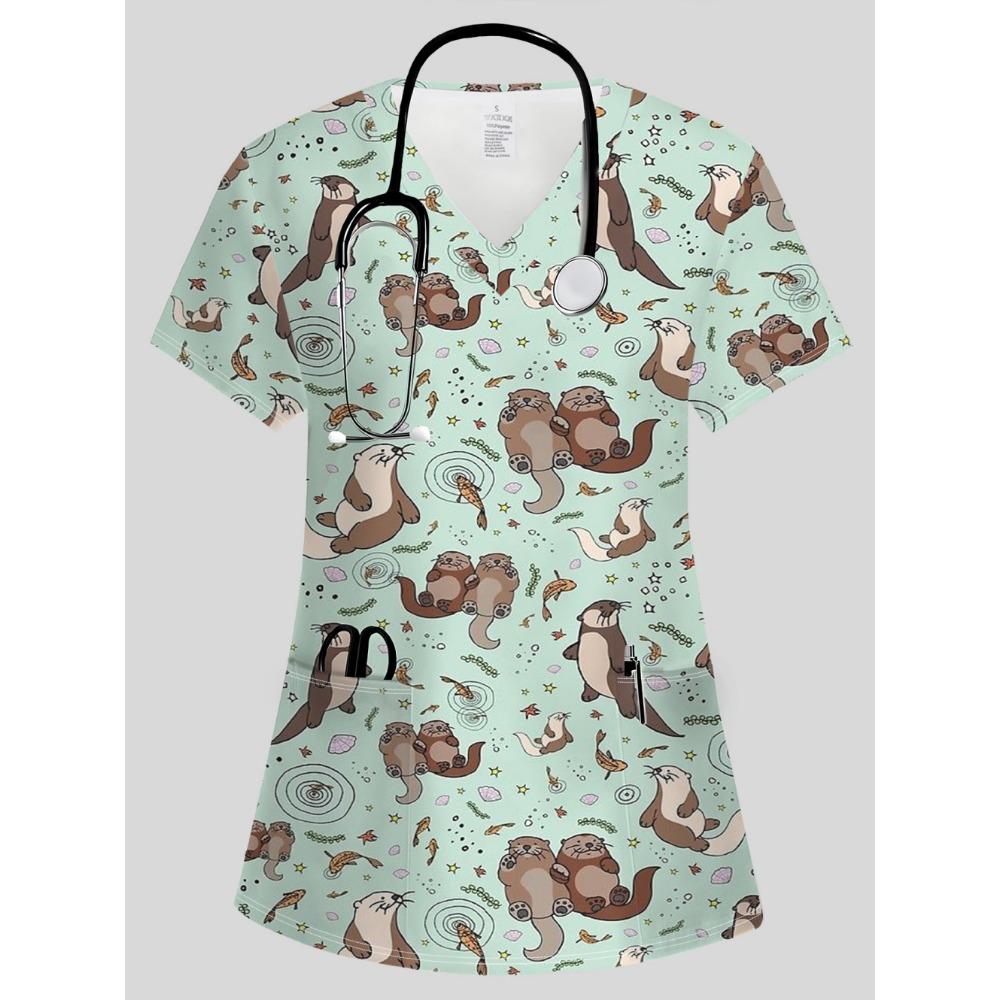 Casacca Medica da Donna Elegante Scollo a V Carini Motivi Animali Cartoni Animati Maniche Corte Comode con Tasche Casacca Donna