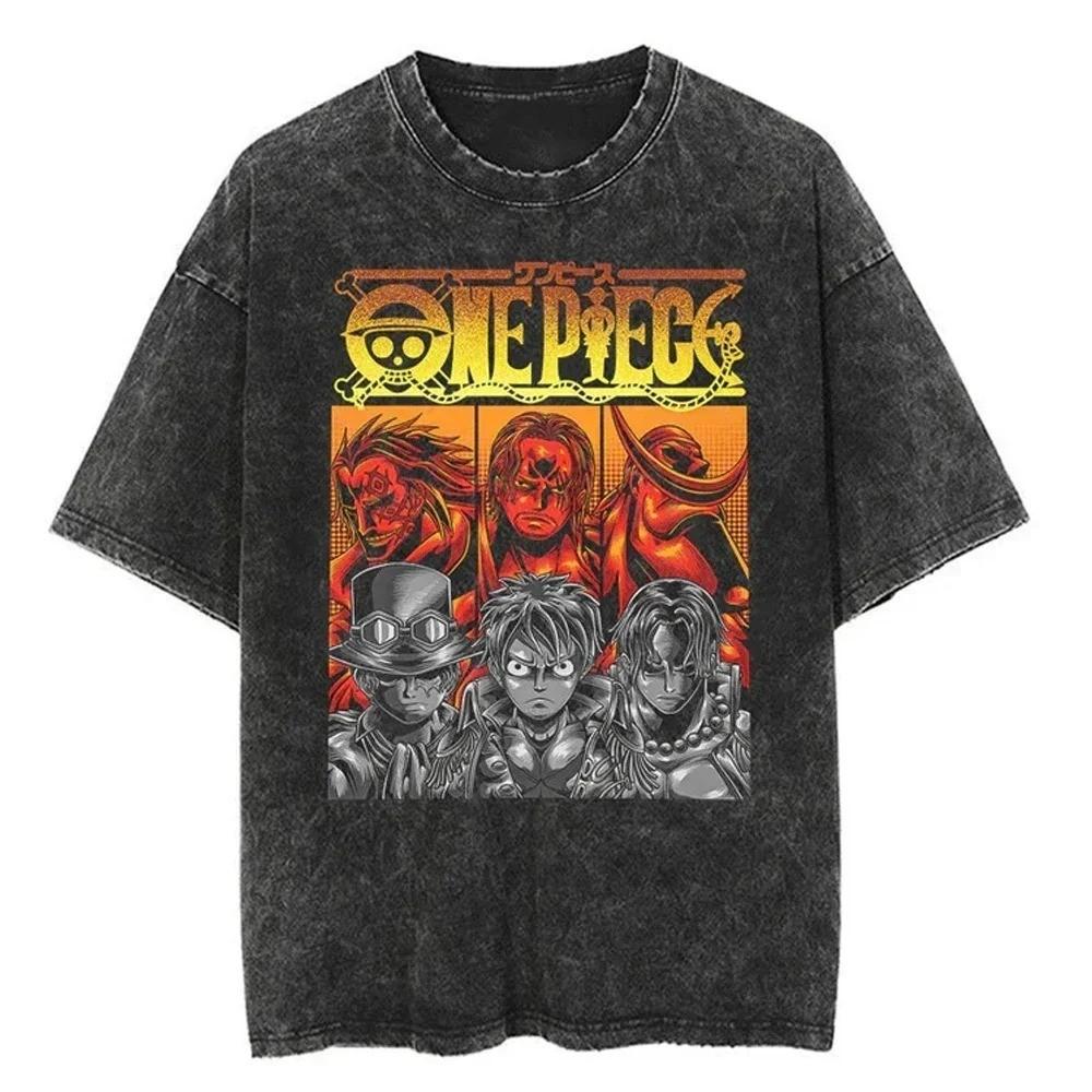 One Piece Tee Men Casual Oversized Washed Harajuku Tshirt Japanese Anime
