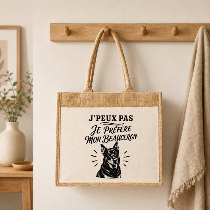 Sac Cabas - PLANETEE - J'peux pas je préfère mon Beauceron - Toile de jute et coton - 43×33×21 cm (21 L) - Illustration