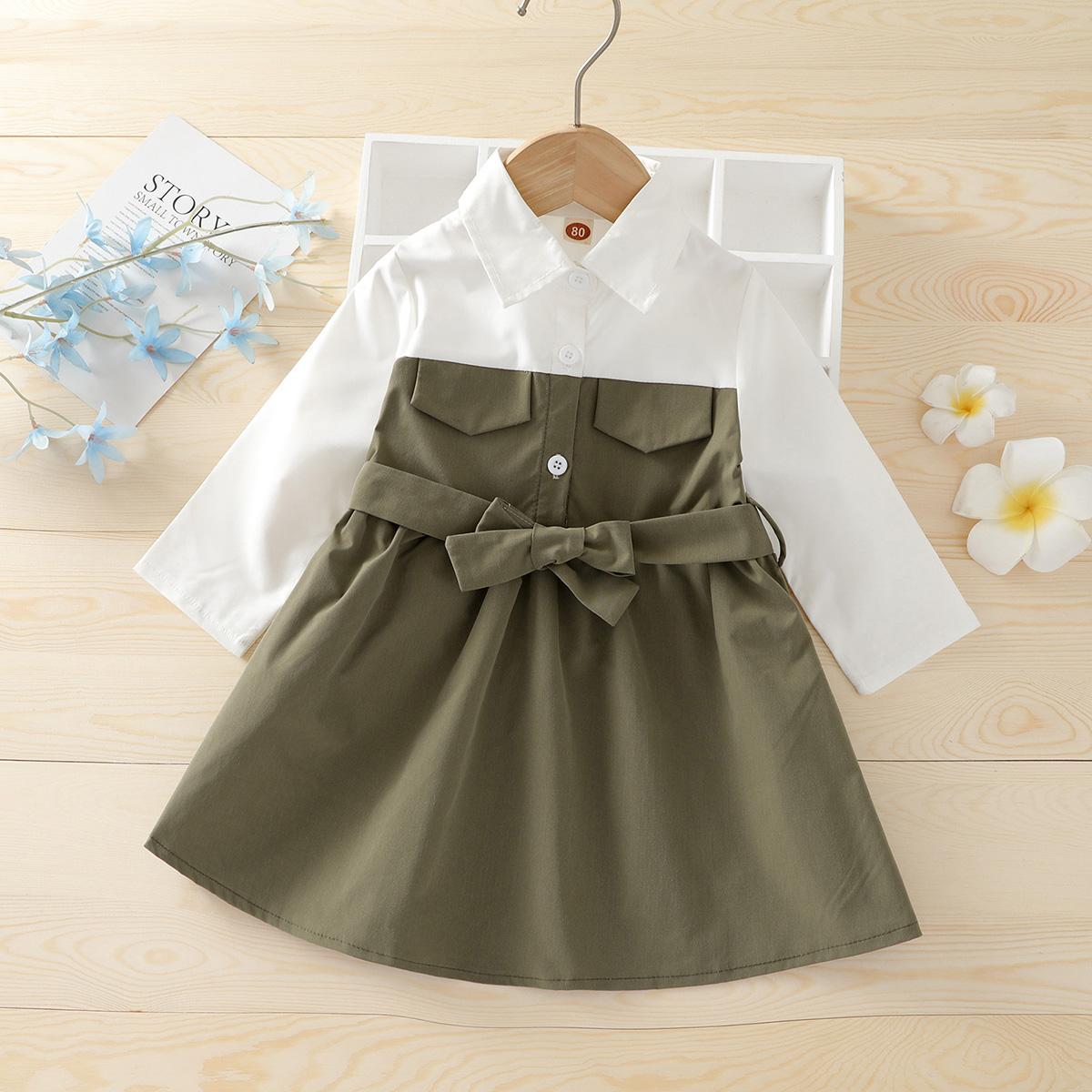 

Spring and Autumn Baby Girl Baby Fashion Cute Army Green Color blocked Long Sleeve Collar Dress 92 армія зелений колір