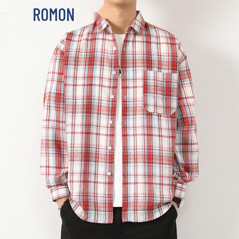 ROMON Men s Hong Kong Style Plaid Long Sleeve Casual Shirt 2XL