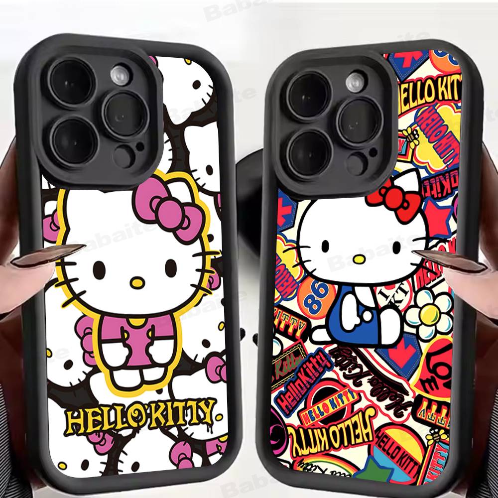 H-Hello Kitty Silicone Soft Phone Case For IPhone 17 16 15 14 Plus 13 12 Mini 11 Black Cover