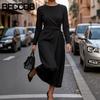 Women's Fashion Long Sleeve Autumn Winter O-Neck Solid Color Print Casual Dresses