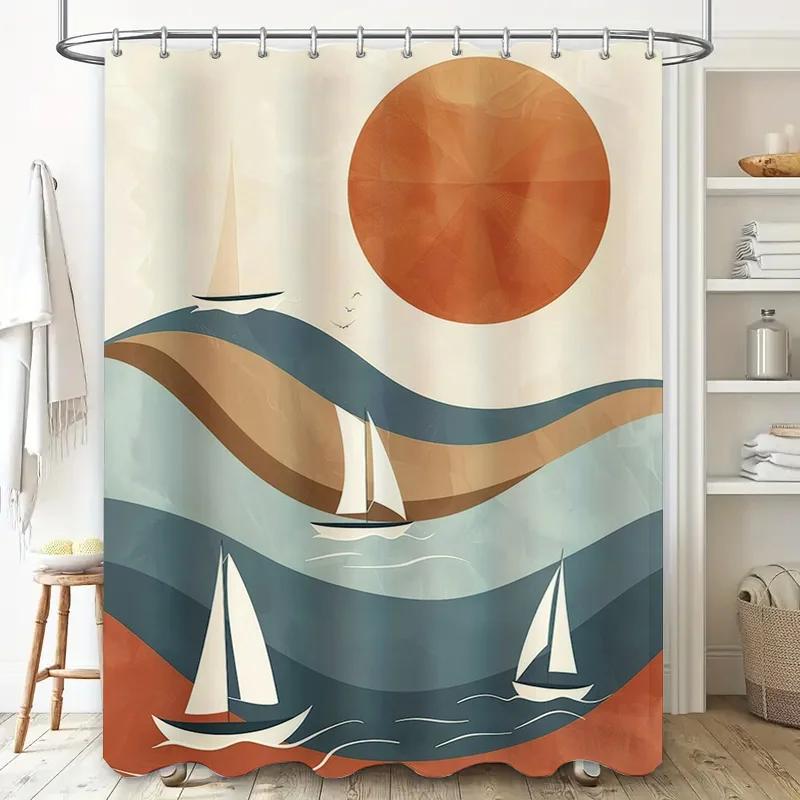 Vivid Ocean Sunset Sailboat Shower Curtain Blue Gray White Decorative Bath Fabric Modern Home Bathroom Waterproof Liner for Kids