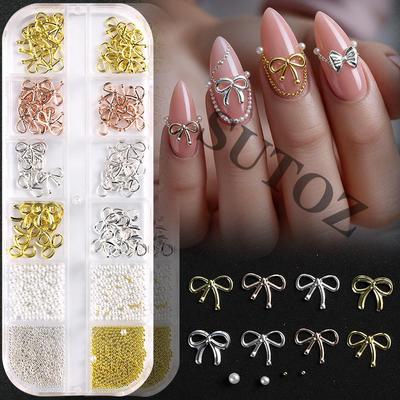 Nail Art Accessories: Gold, Silver, Steel Beads & Hollow Metal Bowknot Decorations