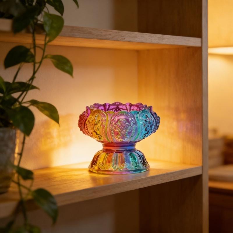 Elegant Glass Lamp Stand With Traditional Eight Favorable Pattern For Worship And Home Display