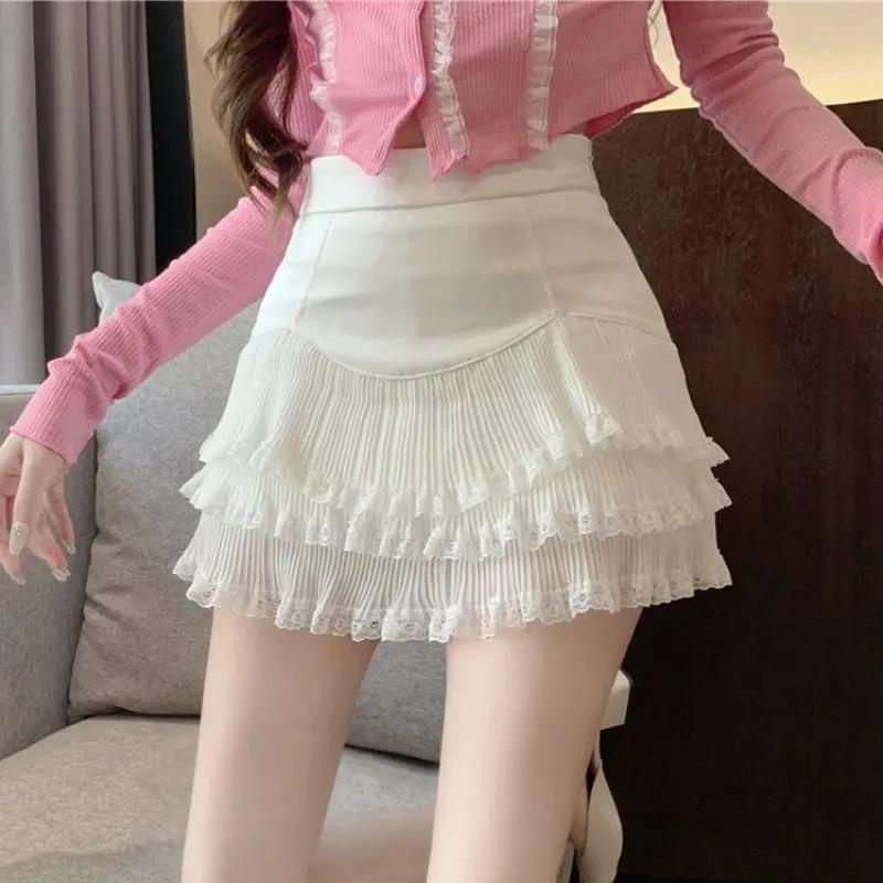 

Womens High Waist Lace Ruffle Tiered Mini Skirt S белый