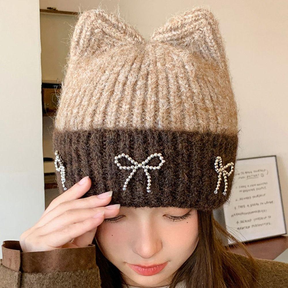 Casual Bowknot Knitted Hat Knitted Cat Ear Beanie Caps Windproof Fiber Winter Hat