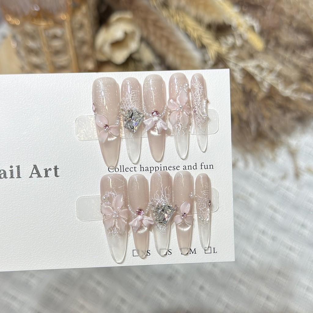 Handmade Press On Nail French Gentle Ice-clear Nude Cat Eye 3D Carved Flowers Diamond Lace Bow Long Stiletto Fake Nail Patch Artificial Nail Reusable XS