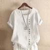 18 Colors S-5XL Women Cotton Linen Button Blouse Summer Female O-Neck Short Sleeve Solid Shirt Tops