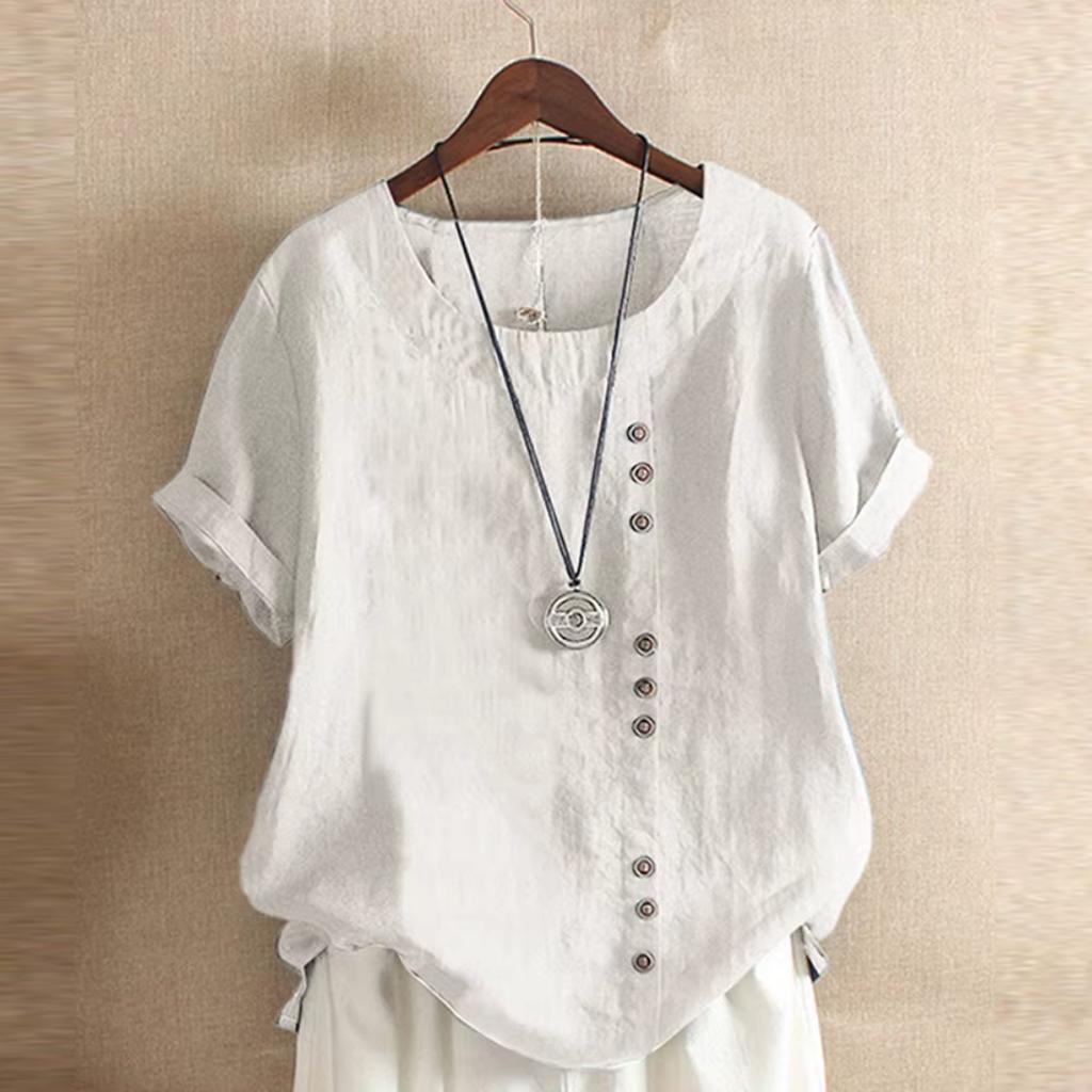 18 Colors S-5XL Women Cotton Linen Button Blouse Summer Female O-Neck Short Sleeve Solid Shirt Tops