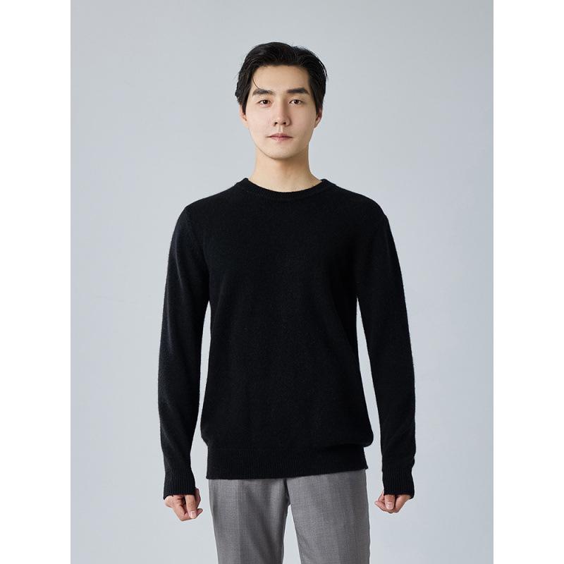Men's Winter 2025 Cashmere Round Neck Sweater - Thick, Long Sleeve, Business Casual, Solid Color Knit Base Layer
