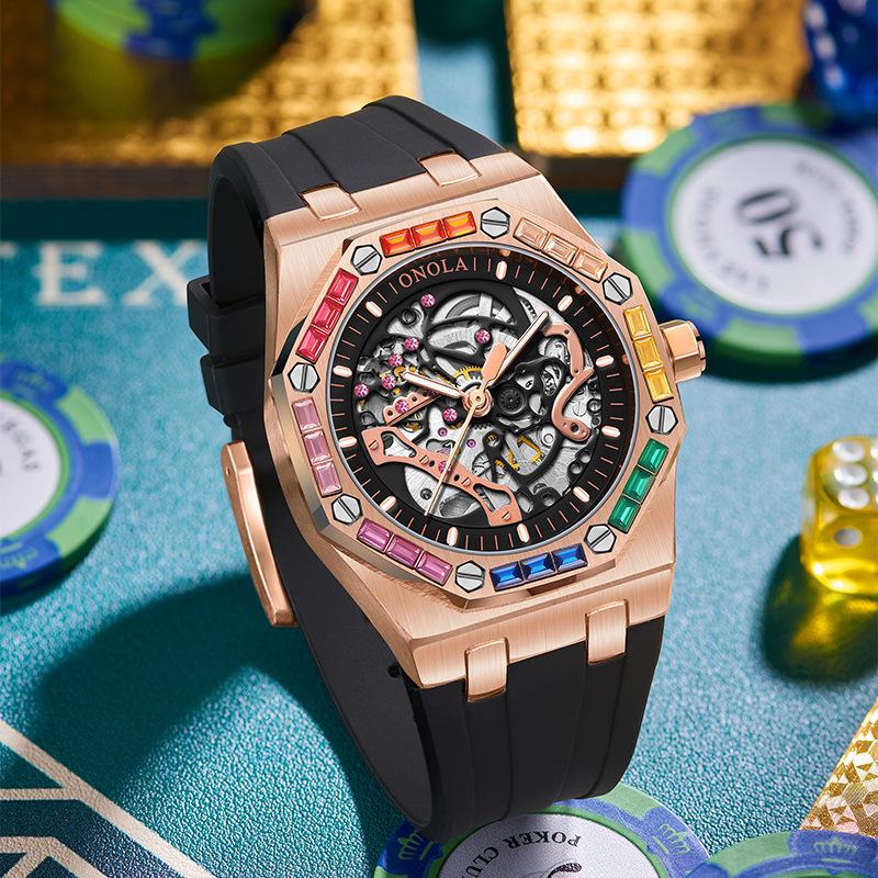 ONOLA Montre Homme Automatique Mécanique Fashion Diamants Arc-en-ciel Bracelet Silicone Étanche