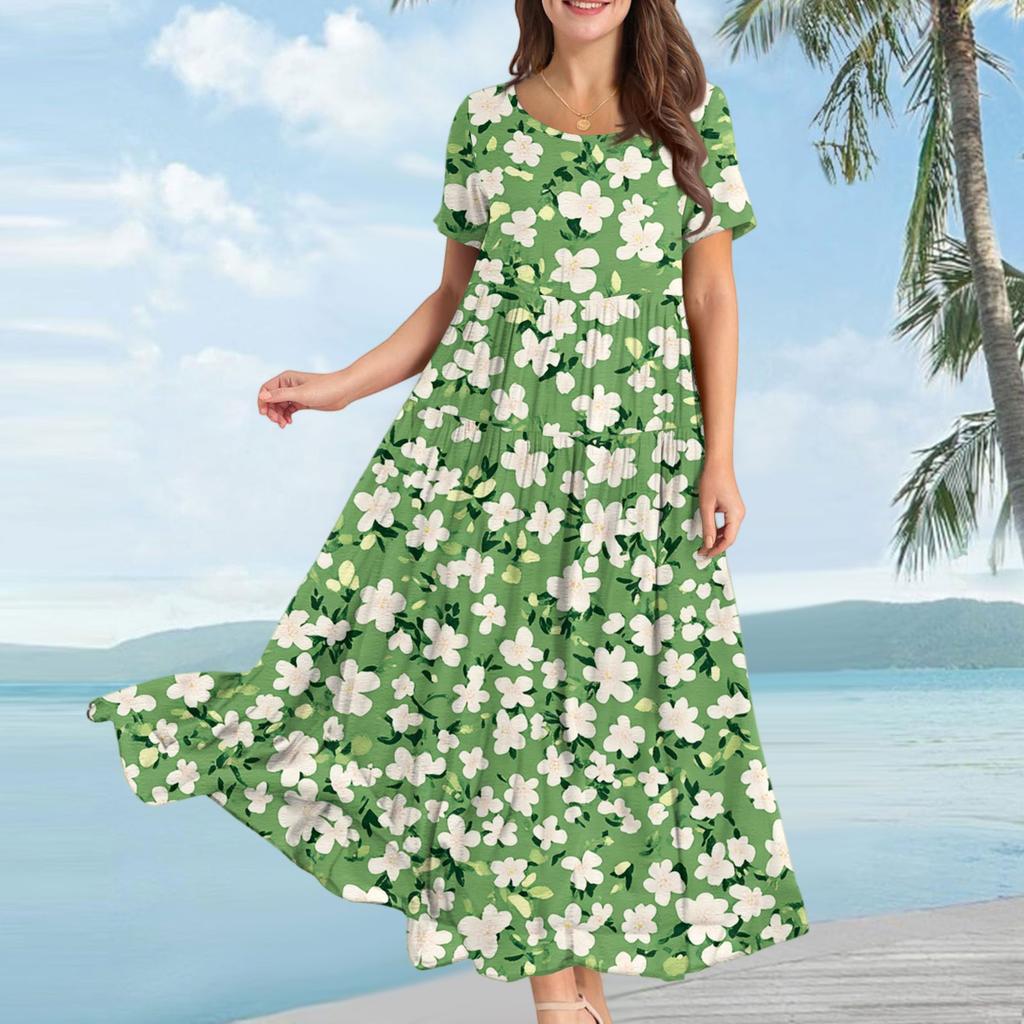 Damen Lässiges Lockeres Böhmisches Kleid mit Blumenmuster und Kurzen Ärmeln