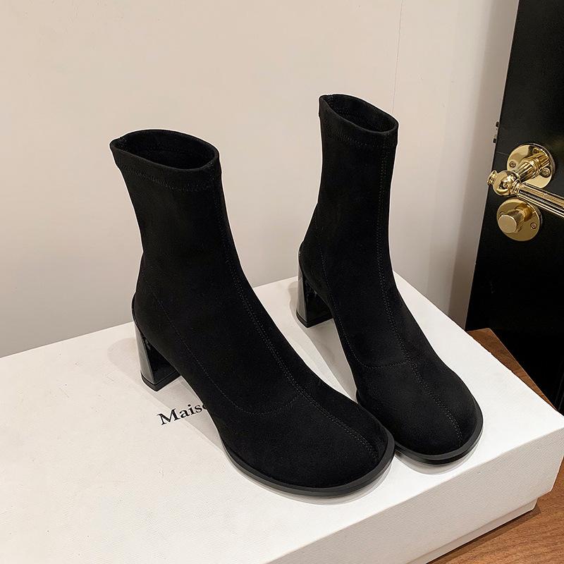 Popular fashion elastic thin boots small short boots 2025 new Korean round head thick heel versatile high heel commuter women's boots