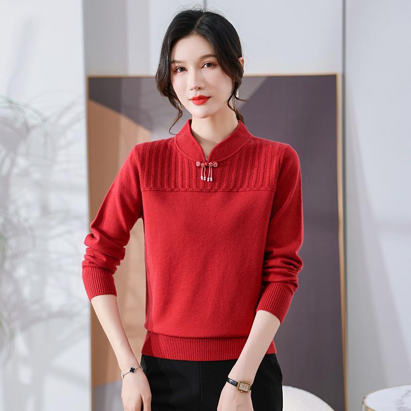 

Autumn Chic: Qipao Collar Sweater for Middle-Aged & Elderly Women M (suggested 47.5-52.5 kg) красный