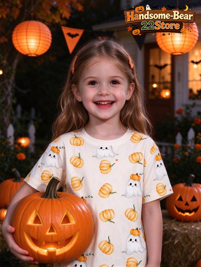 Kids Halloween Girls T-Shirt Pink Leopard Print Ghost Pumpkin Spider Bat Graphic Tee Short Sleeve Casual Top for Halloween Party