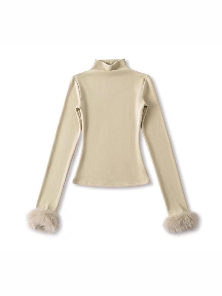 Women's Long-Sleeve Base Layer with Removable Fur Cuffs and Half-High Collar