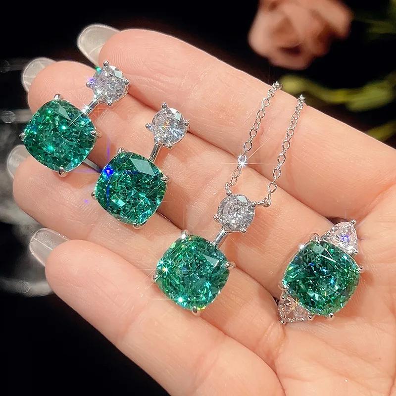 

Exquisite Square Cut Green Crystal Jewelry Necklace Adjustable Ring Earrings Dress Accessories Design Trendy Fashion for Women One size