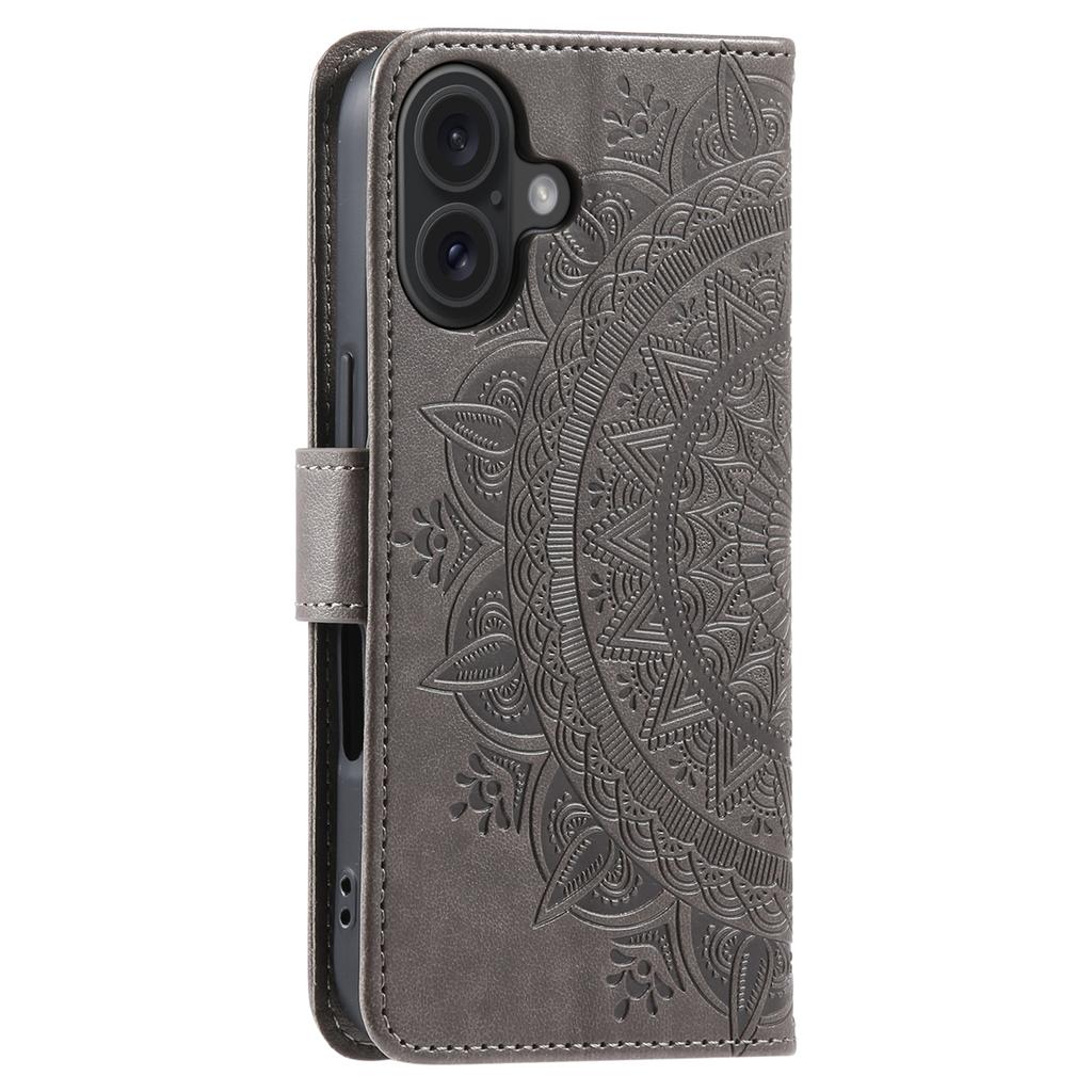 For iPhone 16 Stand Case PU Leather Wallet Phone Cover Totem Imprinted