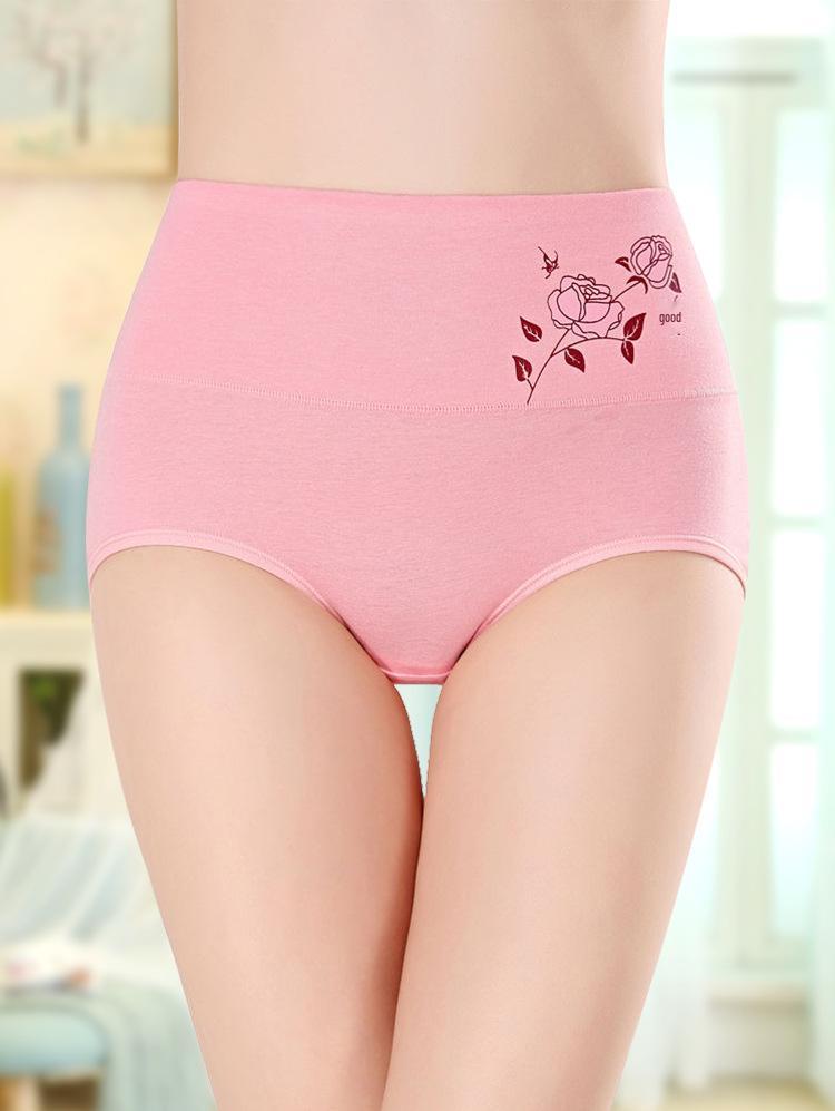 High Waist Tummy Control Women's Cotton Panties - Floral Print, Plus Size, Triangle Design for Hip Lift.