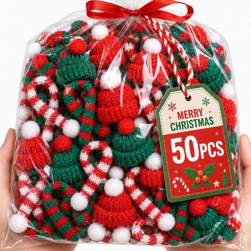10/50PCS Mini Knitted Santa Hat Scarf Red Christmas Doll Accessories Wine Bottle Cover DIY Craft Xmas Tree Holiday Decoration