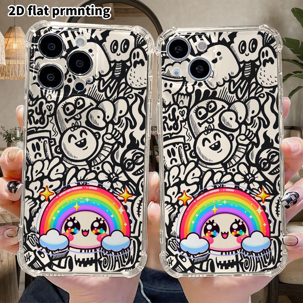 Phone Case: 2D Flat Suitable for iPhone 18 17 16 15 14 13 Pro, Transparent Four Corner Protective Case, Rainbow Bun, Christmas and Halloween Gifts