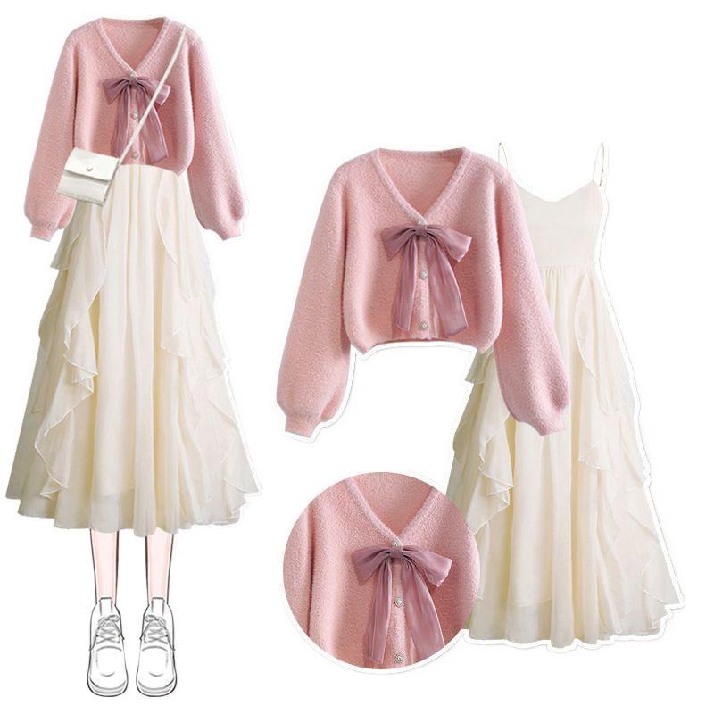 Women's Christmas Red Sweater and Camisole Dress Set - Slimming Two-Piece Autumn/Winter Outfit
