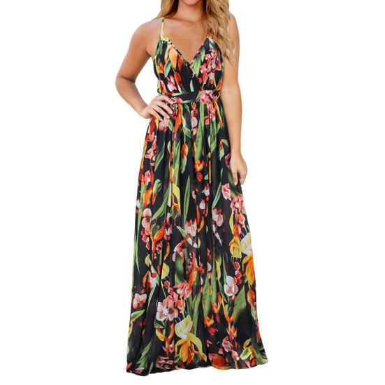 Women Dress Colorful Breathable Flower Printed Adjustable Straps Beach Dress for Party