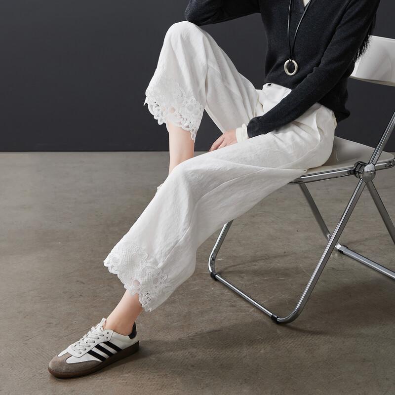 SOFSIL Women s Linen Lace Trim Wide-Leg Cropped Pants 27/M