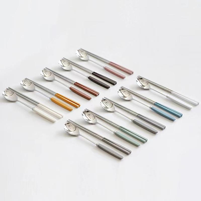 Korean Chopsticks Dessert Spoon Flatware Stainless Steel Cutlery Set Sushi Sticks Coffee Tea Spoons Set Portable Dinnerware Set