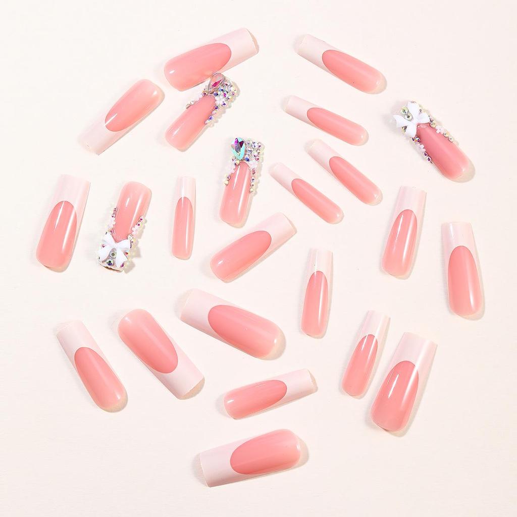 Luxury White Coffin Nails with Irregular Diamond, Bow & Flower Design - Removable False Nails