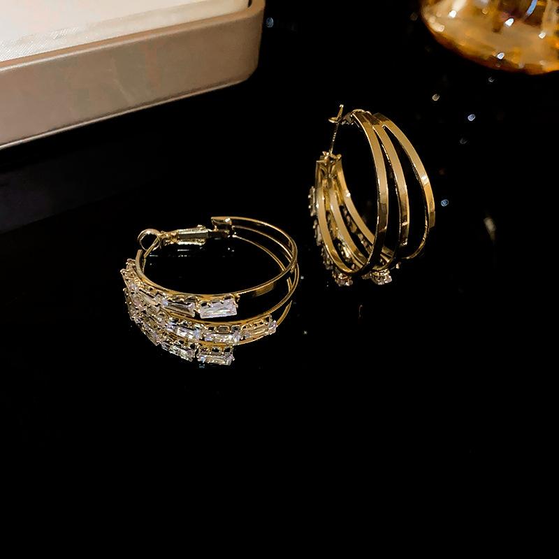 Super Flash Three-layer Crystal Hoop Earrings Light Luxury Round Ear Buckles for Women Temperament Geometric Jewelry Gift K