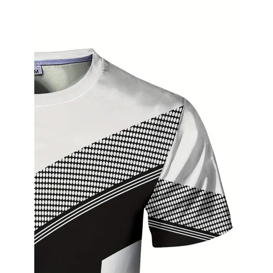 Stretchy Fit Geometric Print Crew Neck T-Shirt - Quick-Dry, Moisture-Wicking, Summer Fitness, Training, and Gym Wear - Ideal for Men's Sports