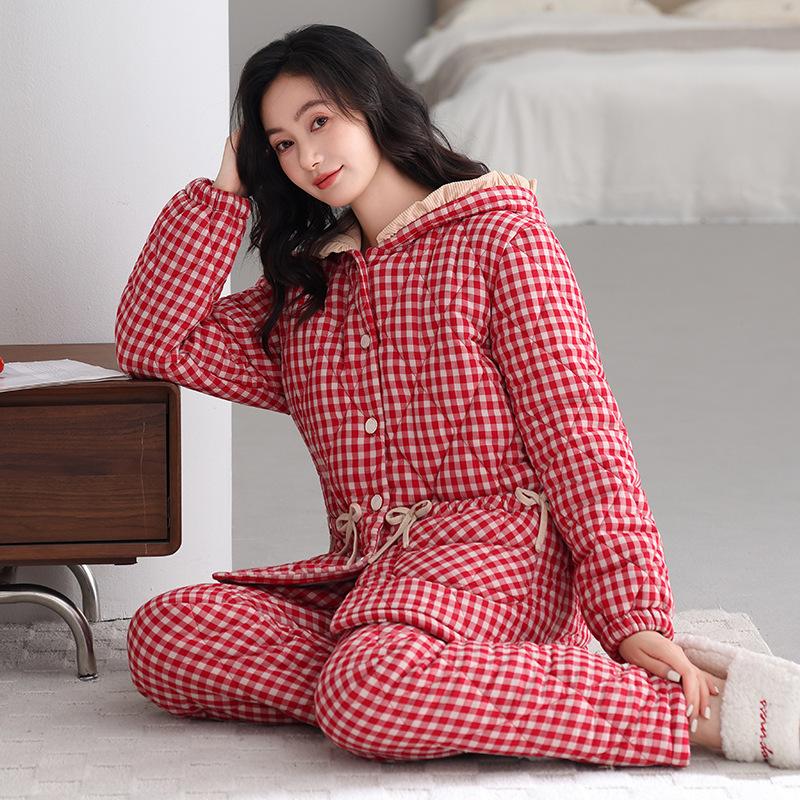 Pajamas Women'S Winter Three-Layer Thickened Velvet Woven Pure Cotton Padded Cotton Hooded Warm Can Be Worn Outside Loungewear Set