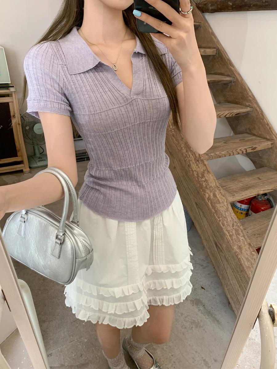 

Spice girl polo collar shoulder knitted short-sleeved T-shirt women s summer new button texture slim-fit top S фиолетовый