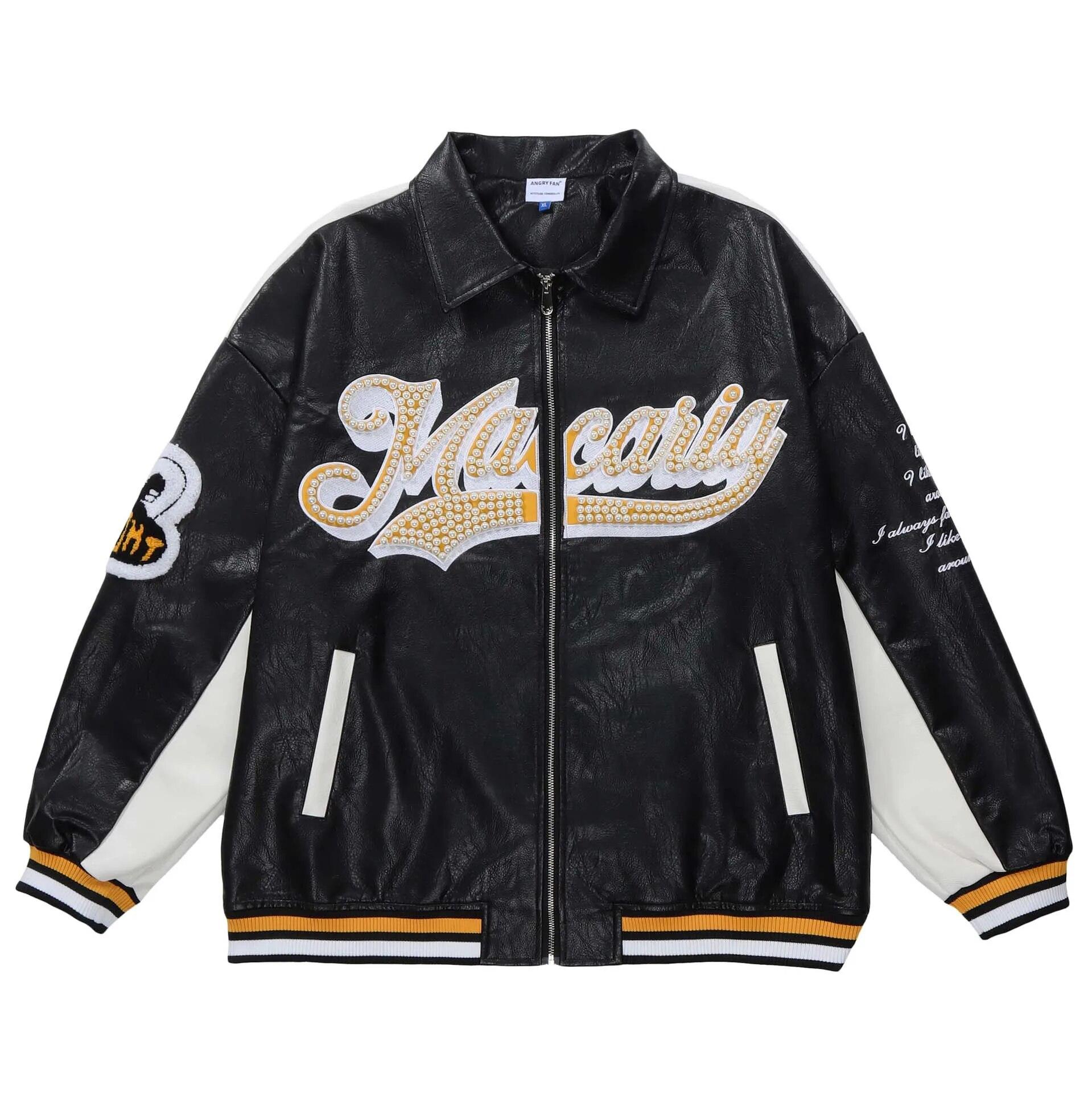 

American Retro Letter Diamonds Leather Jackets Coats Men 2022 New Street Trend All-Match Baseball Uniform Couple Loose Top