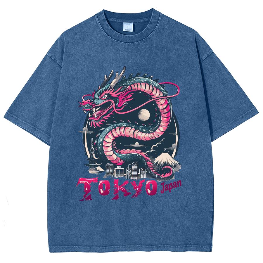 Japanische Cartoon Drache Tokio Buchstaben Print Damen T-Shirt Übergroß Gewaschene Baumwolle Halbarm Lockeres Design Street Top