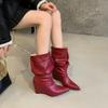 High-heeled short boots women's autumn and winter new pointed-toed heel pleated piled boots soft leather medium boots