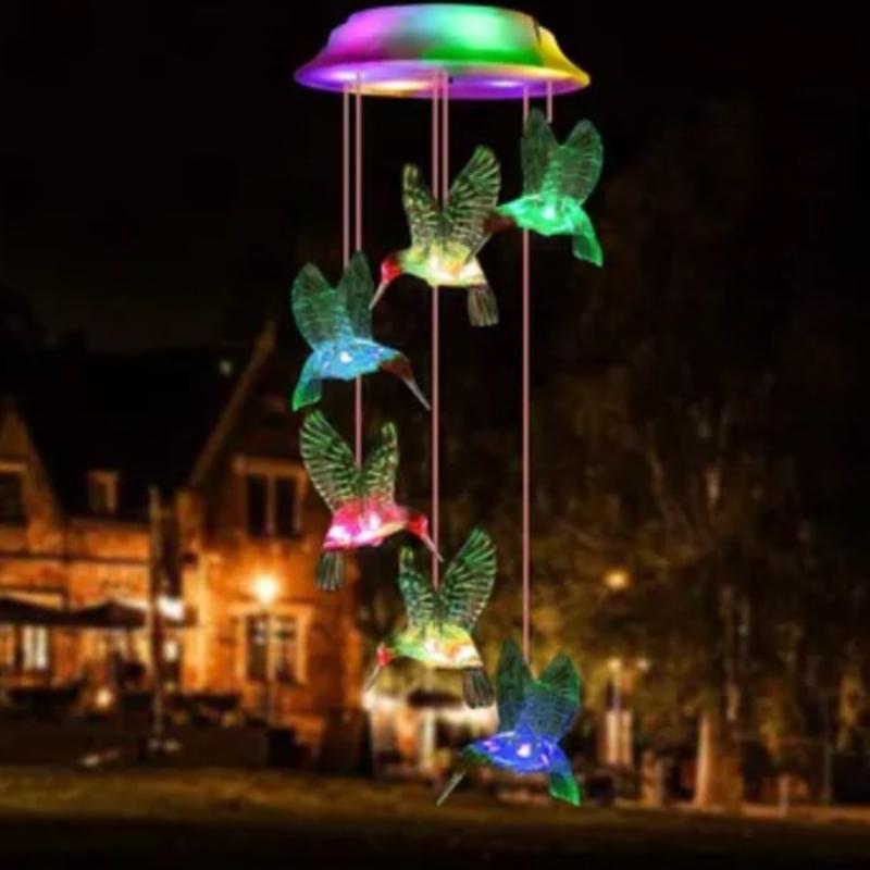 Solar Outdoor Waterproof Color Changing Hummingbird Shaped Design Wind Chime,Suitable For Garden Window Decoration Gifts