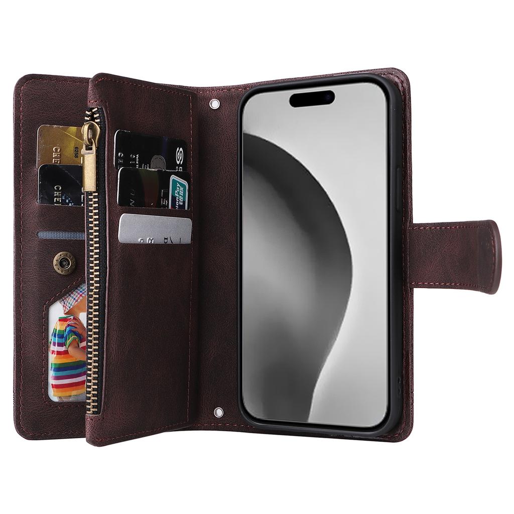 For iPhone 16 Pro Max Case Zipper Pocket Hand Strap Leather Phone Cover