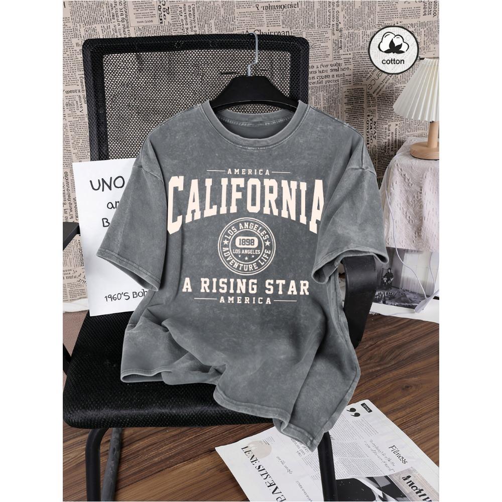America California Printed Washed T-Shirt Mens Cotton Oversized T Shirt Casual O-Neck Short Sleeve Tops Basic Male Tees