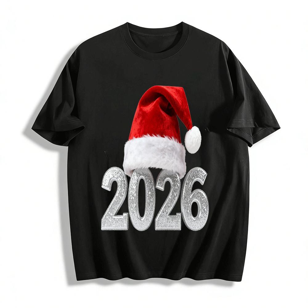2026 Christmas New Year Glitter Number Print Holiday Casual Top Pure cotton T-shirt XXS