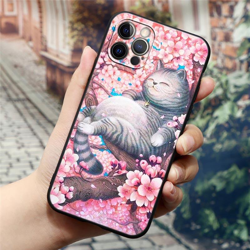Apple Hülle für iPhone 11 12 13 mini Pro Max XS X XR 7 8 6 plus SE 2020 Weiche Silikonhüllen Cover Niedliche Cartoon Katze Blume Tier