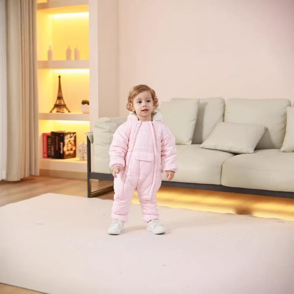 בגד גוף חורפי לבנים ובנות, צבע אחיד, בטנת קטיפה, עבה וחמה, עם קפוצ'ון, סרבל לילדים בגיל 6 חודשים עד 30 חודשים, אוברול כותנה, חליפת שלג