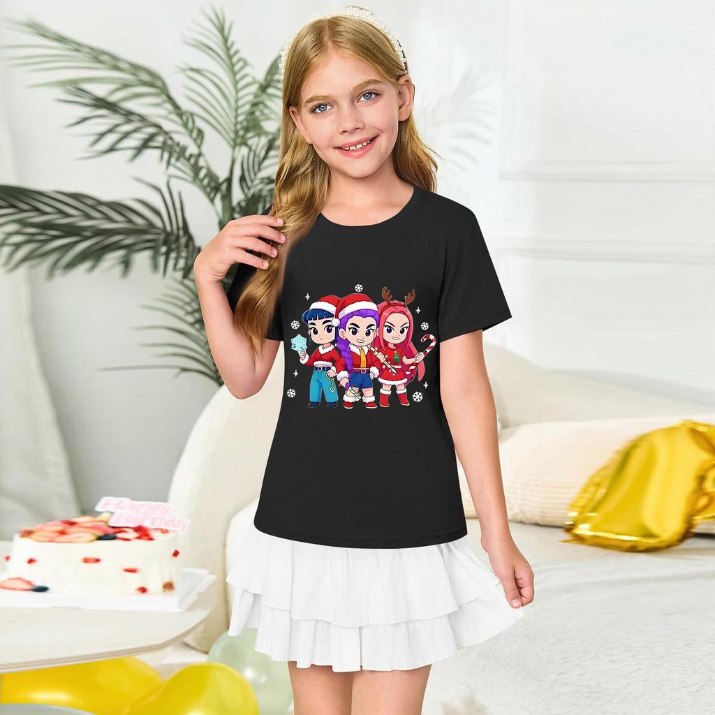 Girls' Round Neck Short Sleeves Christmas Witch  Group Print Casual Short Sleeves